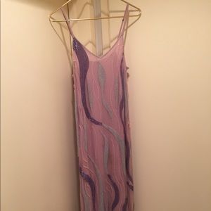 Vintage 100% silk pink Mauve long beaded dress